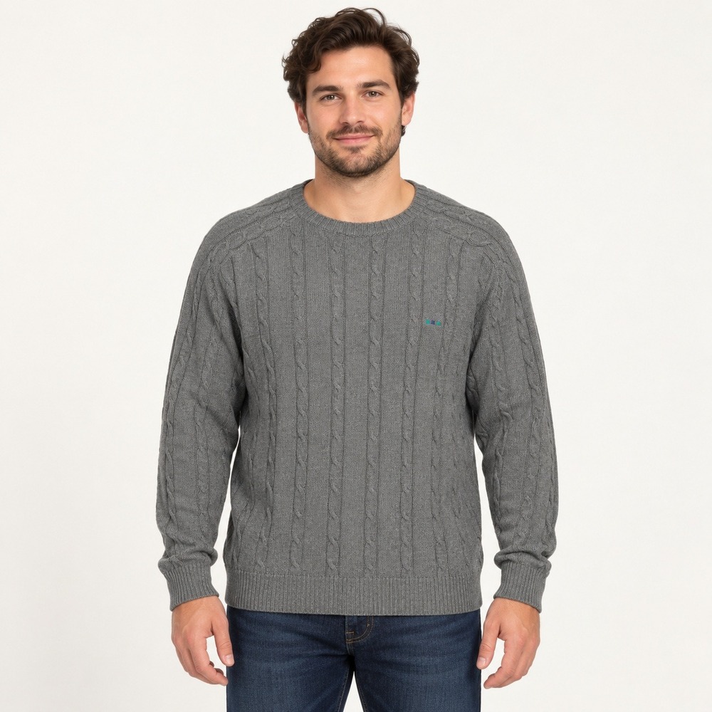 Alexander Julian Colours Mens XL Grey Cable Knit 100% Cotton Crew Neck Sweater